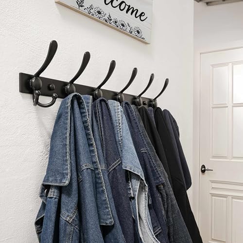 Dseap Coat Rack Wall Mount 24 Inch, Heavy Duty 12-Gauge Base vs Flimsy 1mm, Double-Thick Solid Anti-Snap Hooks, Stainless Steel 6-Hook Hanger for Clothes Hat Closet Entryway, Black, Pack of 2 - Image 5