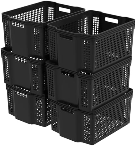6-Pack Stackable Storage Baskets, Large Woven Plastic Organizer by Waikhomes