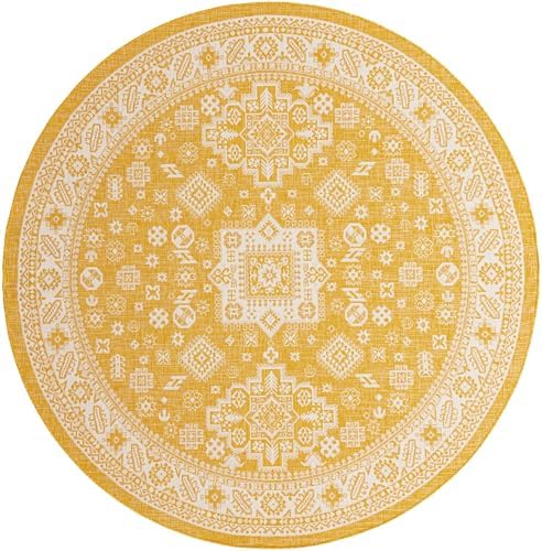 Rugs.com - Outdoor Aztec Rug – 10 Ft Round Yellow Washable Indoor/Outdoor Rug – Flatweave Tribal Design for Patios, Decks, and Porches - Image 3