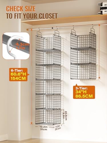 6 Tier Closet Hanging Organizer, Metal Closet Organizers and Storage with 4 Hanging Hooks 4 S-Hooks for Wardrobe Laundry Room, Wire Storage Shelf for Clothes Sweaters Pants (Black) - Image 2