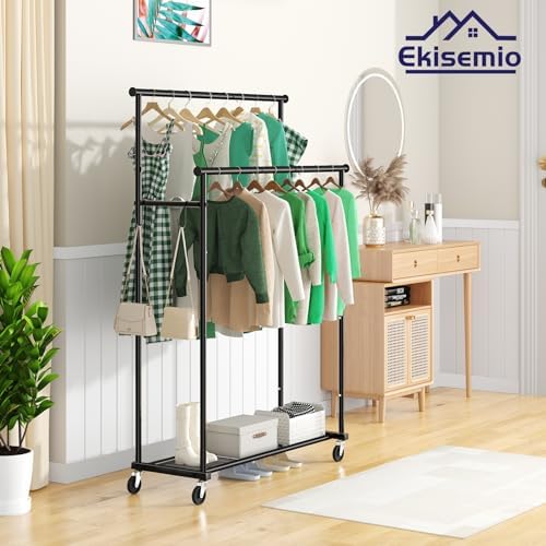 Ekisemio Double Rods Clothes Rack with Wheels Load 400 LBS, 45 Inch Rolling Clothing Rack for Hanging Clothes, Heavy Duty Garment Rack with Shelves, Metal Portable Closet, Black - Image 3
