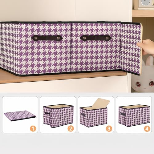6 Pack Large Collapsible Storage Baskets for Shelves,14.9"x9.5" Fabric Closet storage Boxes with Leather Handles,Decorative Organizers Storage Bins for Clothes,Sheets,Books,(Purple Houndstooth - Image 6
