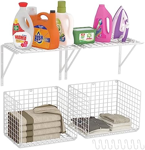 2 Pack Laundry Room Shelves Wall Mounted with Wire Baskets, Over the Washer and Dryer Shelf with Clothes Drying Rack, 8 Hooks，Wire Shelves Baskets for Laundry Closet Organization and Storage, White by 3IngSeagulls