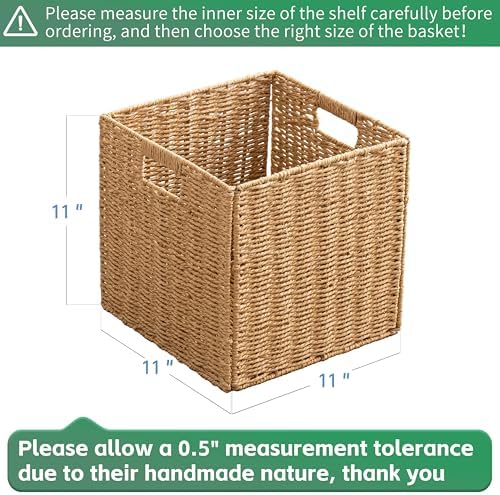 11x11x11 Cube Storage Bins Set of 4, Paper Rope Hand Woven Storage Basket with Handles, Collapsible Square Storage Cubes for Shelves, Wicker Shelf Baskets for Living Room Bedroom Organizing, Natural - Image 2
