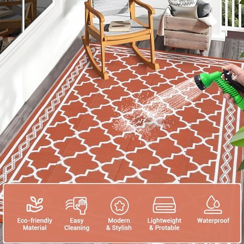 GAOMON Outdoor Plastic Straw Rug, 10'x20' Reversible Sage Green Patio Mat, Flower Modern Design for RV, Backyard, Deck, Camping, Picnic, Orange/White(Geometric) - Image 5