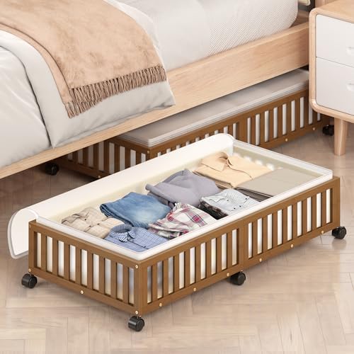 2 Pack Large Bamboo Under Bed Storage Containers with Wheels, Brown by MHXWSXPN