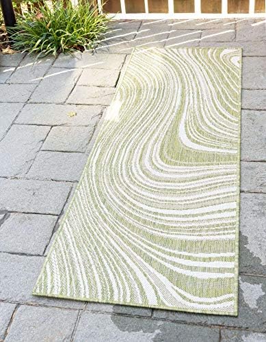 Unique Loom Outdoor Modern Collection Area Rug - Pool (2' x 6' 1" Runner, Green/ Ivory) by UniqueLoom