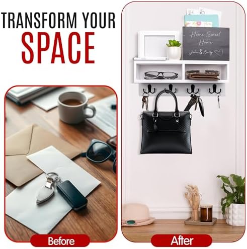 Spacelog Key and Mail Holder for Wall with Chalkboard – Magnetic Picture Frame Key Holder Wall Mount, White, Dual Storage & Cupboards - Image 6
