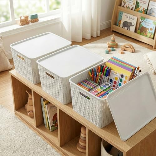 BINO | Plastic Storage Baskets with Lids, 45 Liter - 3 Pack, White | THE WOVEN COLLECTION | Storage Basket for Shelves | Woven Storage Baskets for Organizing Bins Pantry Shelf Organizer Container Bin - Image 3