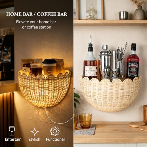 Handwoven Rattan Wall Basket with LED String Light, 1Pack - Image 6