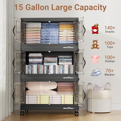 BROVIEW 300Qt Stackable Storage Bins with Lid for Home Dorm, 5Pack Black - Image 6