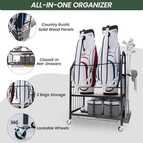 FLYJOE Golf Bag Organizer Storage Golf Bag Rack for Two Golf Bags with Clubs Holder and Golf Equipment Accessories Movable Lockable Wheels for Garage - Image 3