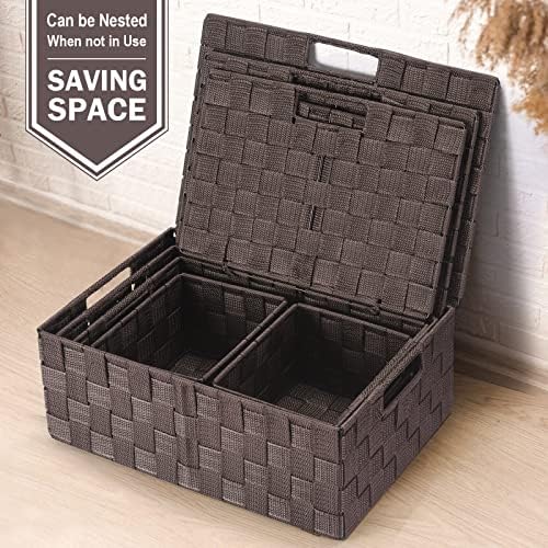 Storage Baskets with Lids: 5 Pack Stackable Woven Storage Bins, Brown - Image 7