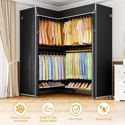 ULIFHOME E15C Garment Rack L Shaped Clothes Rack for Corner，Freestanding Clothing Racks for Hanging Clothes，Heavy Duty Closet Organizer 43.4"W x 15.8"D x 78.4"H，Black Rack with Black Dustproof Cover - Image 4