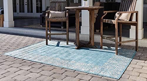Unique Loom Outdoor Border Collection Area Rug - Floral Border (6' 1" x 9' Rectangle, Aqua/ Ivory) - Image 2