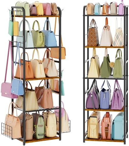 Tall 5-Tier Purse Organizer for Closet, Purse Rack Stand for Purse Storage, Metal & Wood Handbag Organizer with 4 Side Hooks and 2 Baskets, Space-Saving Narrow Purse Shelf for Small Space, Bedroom by HOOBRO