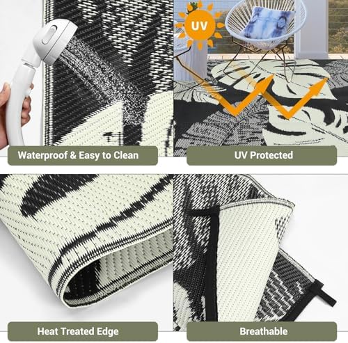 COZYLOOM Outdoor Rug 9' x 12' Waterproof for Patios Clearance, Reversible Plastic Straw Camping Carpet, Modern Leaf Large Area Rugs Mats RV, Picnic, Backyard, Deck, Balcony, Porch, Beach, Black Beige - Image 3