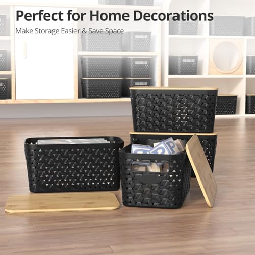 Plastic Storage Bins with Bamboo Lids, Stackable Small Box Baskets for Organizing and Containers for Shelves Drawers Desktop Closet Pantry Classroom Office Home, 4 Pack 12x7.3x6.2 Inch, Black - Image 7