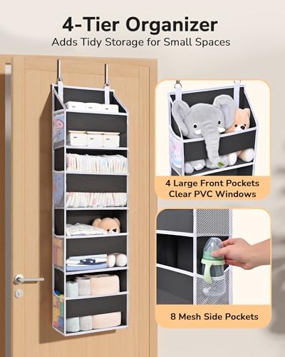ULG 2 Pack Small Over Door Organizer with 4 Large Pockets 8 Mesh Side Pockets, Hanging Storage Organizer with Clear Window Kids Toys Deep Gray - Image 3