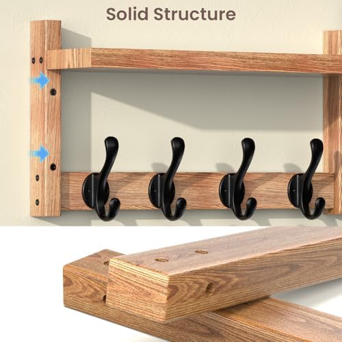 35'' Brown Coat Rack Wall Mount with Shelf, Solid Wood Coat and Key Hanger with 13 Metal Hooks, Farmhouse Wall Organizer for Mail, Entryway Wall Hangers for Hats, Clothes, Backpacks, Mudroom - Image 7