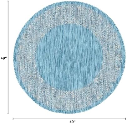 Unique Loom Outdoor Border Collection Area Rug - Floral Border (4' 1" Round, Aqua/ Ivory) - Image 2