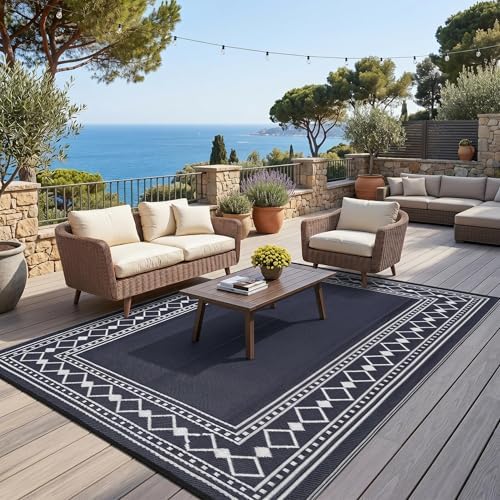 GlowSol 10x20 Outdoor Rug Waterproof Reversible Patio Carpet, Plastic Straw Camping Rug for RV Backyard Deck Beach Stain Resistant Foldable Indoor Outdoor Floor Mat Decor, Dark Blue/White by GLOWSOL