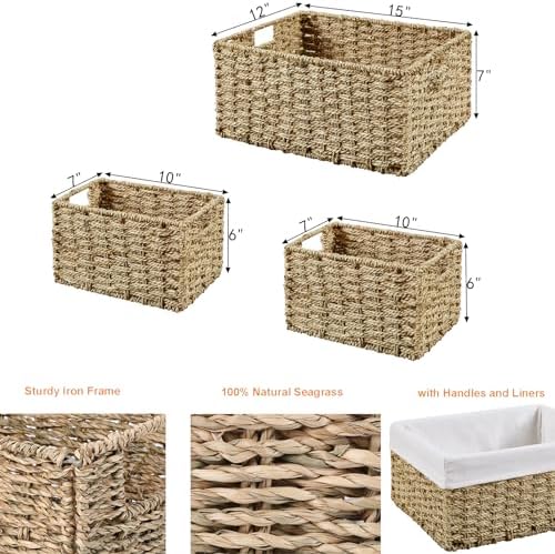Vagusicc Wicker Basket, Seagrass Wicker Storage Basket with Built-in Handles, Baskets for Organizing, 15'' Large Storage Baskets for Shelves with Liner bathroom organizer (3-Pack Seagrass Baskets Set) - Image 6