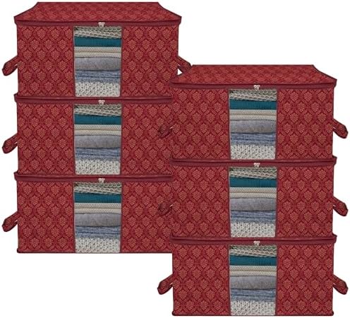 Kuber Industries (Pack of 6) Underbed Storage Bag | Golden Printed | Large Blanket Organizer | Clothing Storage Bag | Clear Window & Handle Storage Bag | Kambal Storage Bag | Maroon by Kuber+Industries