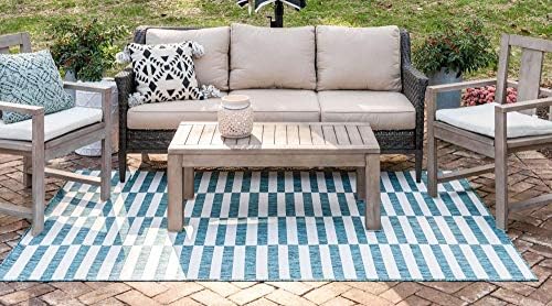 Unique Loom Outdoor Striped Collection Area Rug - Striped (4' 1" x 6' 1" Rectangle, Teal/Ivory) - Image 3
