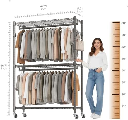 BATHWA Clothes Racks for Hanging Clothes, 25 mm tube Heavy Duty 47.3"W x 17.7"D x 80.7"H Large Wardrobe Rack with Shelves & Wheels Rolling Multifuctional for Bedroom Laundry Walk-in Closet Organizer - Image 4
