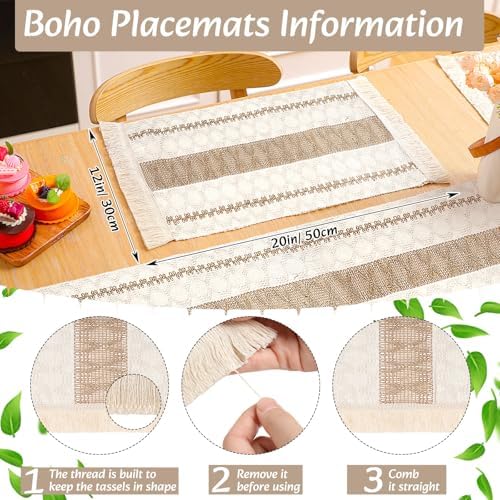 6 Sets Boho Placemat Table Runner Napkin Rings, Brown, 12x72 - Image 3