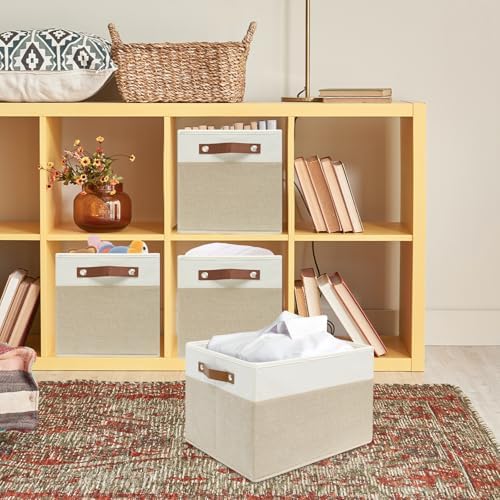 4 Pack Large Fabric Storage Baskets with Handles (White with Beige,15" L*13" W*13" H) - Image 7
