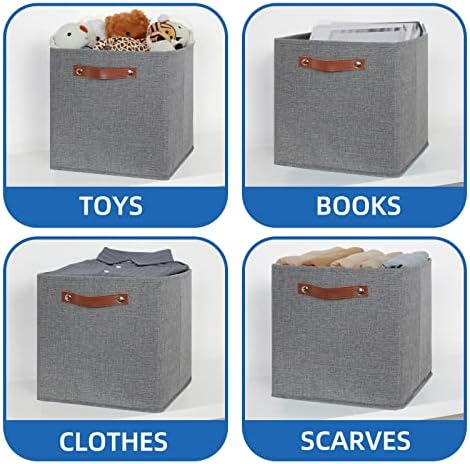 Temary 12x12 Storage Cube Bins 4 Pack Fabric Storage Cubes Storage Bins with Leather Handles, Storage Baskets Foldable Cube Organizers Bins for Home (Grey) - Image 4