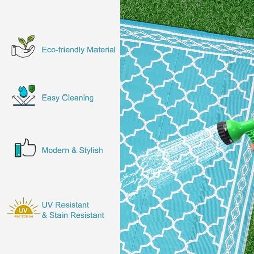 GAOMON Outdoor Rug Waterproof 8'x10', Reversible Outdoor Plastic Straw Rug, Boho Patio Rug, Indoor Outdoor Carpet, RV Mat Outside for Patio, Camp, Picnic, Balcony, Deck, Teal/White(Geometric) - Image 6