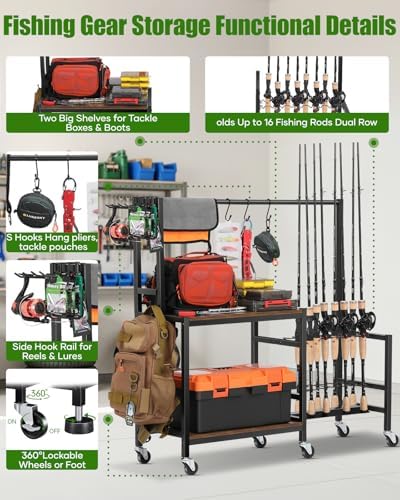 EXTCCT Fishing Rod Holder, Rolling 16 Pole Rack Cart for Garage, Brown - Image 3