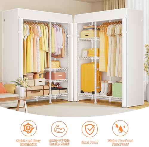 Ulif F4C Heavy Duty Clothes Rack with Dustproof Cover，Freestanding Clothing Racks for Hanging Clothes，Adjustable Closet Organizer System，Portable Garment Rack 45"W*15.8"D*71.3"H，Max Load 600LBS，White - Image 3