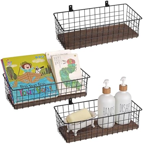 Wall Hanging Baskets, 3 Wooden Wire Bins with Hooks & Adhesive Mount(Extra) by LIGHTDUST