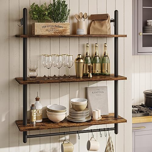 Bestier 3 Tier Industrial Pipe Shelving, Floating Book Shelves for Wall, Storage Hanging Shelves with Towel Bar for Bathroom Organizer Bedroom Kitchen Plants Office. 31.5 Inch Rustic Brown - Image 3