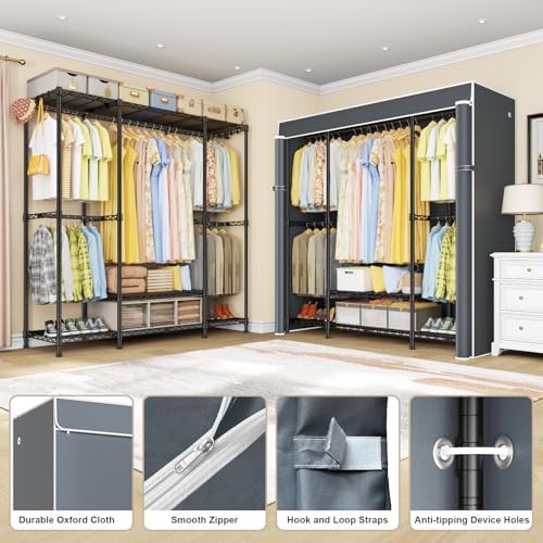 ULIFHOME E3C Black Clothes Rack with Gray Cover, Heavy Duty Garment Rack - Image 4