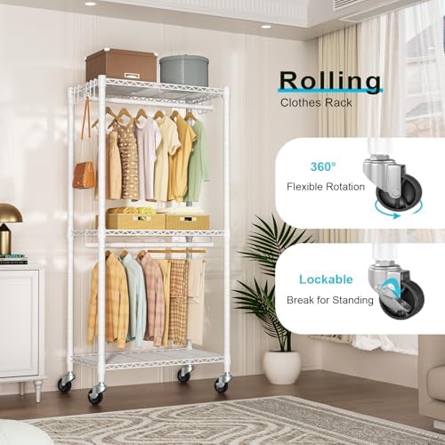 FUTASSI Rolling Clothes Rack, Clothing Racks for Hanging Clothes, White - Image 2