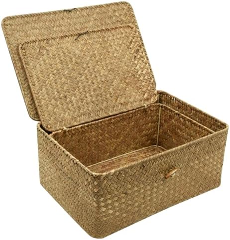 Wicker Storage Baskets with Lid, Set of 2 Handwoven Seagrass Household Organizer Basket Bins Decorative Boxes Storage Containers for Shelves Drawers Desk Closet Pantry Playroom Classroom - Image 6