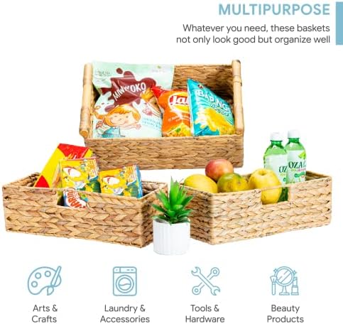 VATIMA Large Water Hyacinth Storage Baskets for Organizing with Wooden Handles for Shelves, 2 Bathroom Small Basket, Water Hyacinth Toilet Paper Baskets, Set of Natural Wicker Storage Basket for Home - Image 4