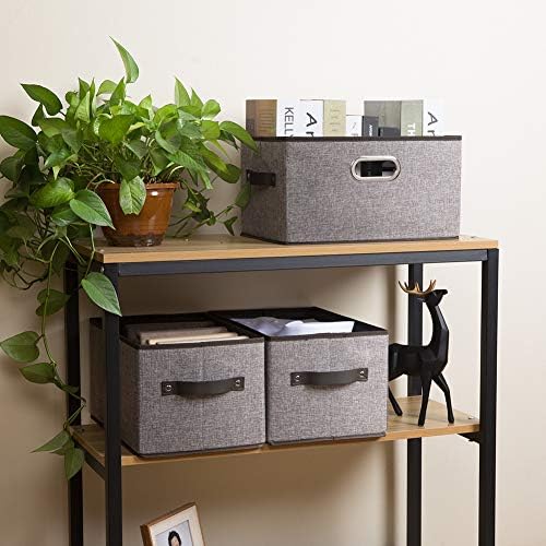 PRANDOM Large Collapsible Storage Baskets for Closet [5-pack] Decorative Fabric Storage Bins Cubes with Leather/Metal Handles for Shelves Bedroom Living Room Grey (14.9x9.8x8.3 Inch) - Image 3
