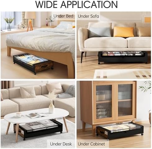 Yecaye Under Bed Storage with Wheels, 4 Pack Under Bed Storage Containers, Underbed Shoe Storage Organizer, Rolling Under Bed Metal Drawers for Clothes, Blankets, Brown - Image 6