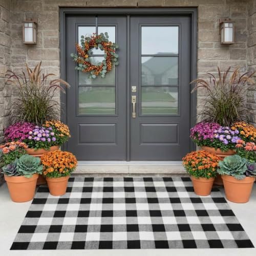 MUBIN Cotton Buffalo Plaid Rug, 4' x 6' Black and White Outdoor Rug Decorative Mat, Washable Large Doormat Hand-Woven Foldable Area Rug for Outdoor Patio Indoor Living Room Dining Room Kitchen - Image 3