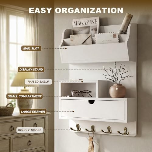 Rebee Vision Pine Wood Key Holder Wall Mount with Shelf & Drawer, White - Image 5
