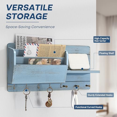 Rebee Vision Pine Wood Key Holder Wall Mount with Mail Slot & 8 Hooks, Blue - Image 6