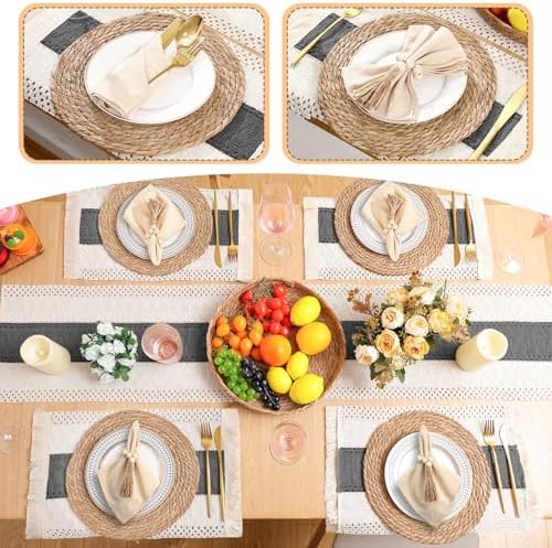 6 Sets Boho Placemat Table Runner Napkin Rings, Gray, 12x72 - Image 6