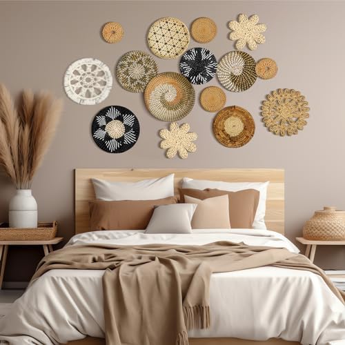 Xuhal 15 Pcs Boho Wall Basket Decor Handcrafted Seagrass Woven Wall Basket Rustic Round Woven Hanging Art for Home Farmhouse Kitchen Table Living Room(Stylish Style) - Image 2