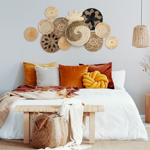 11 Pcs Boho Hanging Wall Basket Decor Handmade Woven Basket Wall Decorative Boho Wicker Baskets Placemats Round Farmhouse Bulrush Art for Rustic Home Decorations Christmas Gift(Rustic) - Image 2